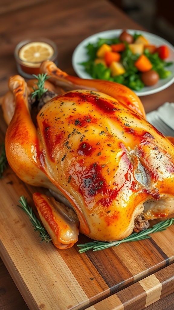A golden-brown roasted chicken garnished with herbs and lemon, served on a wooden board with roasted vegetables.